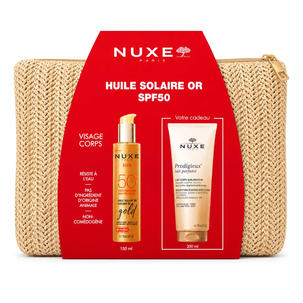 NUXE Huile Solaire Or SPF50 + Lait de Corps Sublimateur ET Trousse OFFERTS