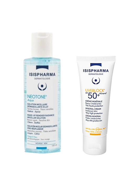 Pack isispharma uve block créme Minérale (SPF50+) + isispharma Neotone eau Micellaire 100ml Gratuit