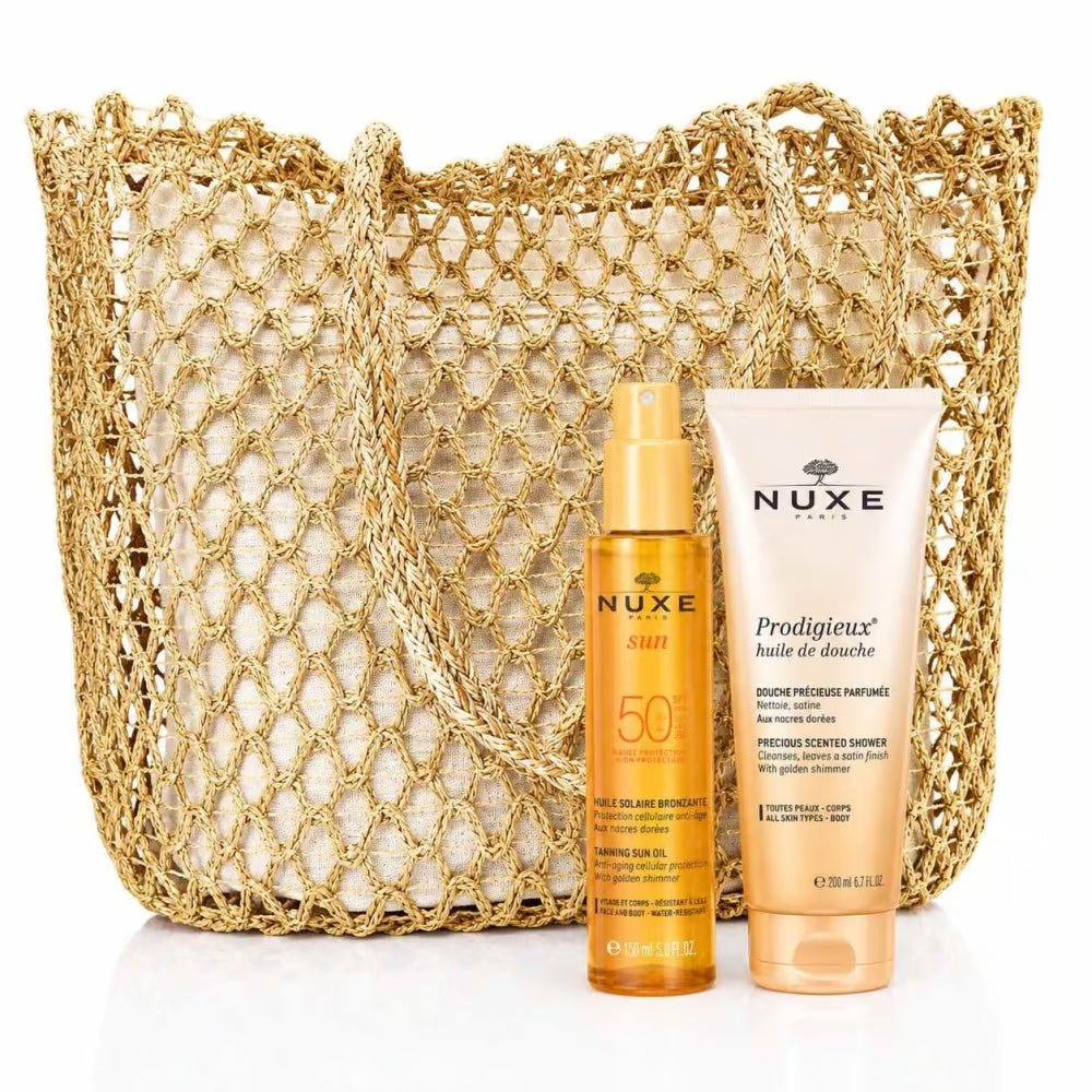 NUXE Huile Solaire Bronzante SPF50 + Huile de Douche 200ml Cadeau ET Sac de Plage OFFERT