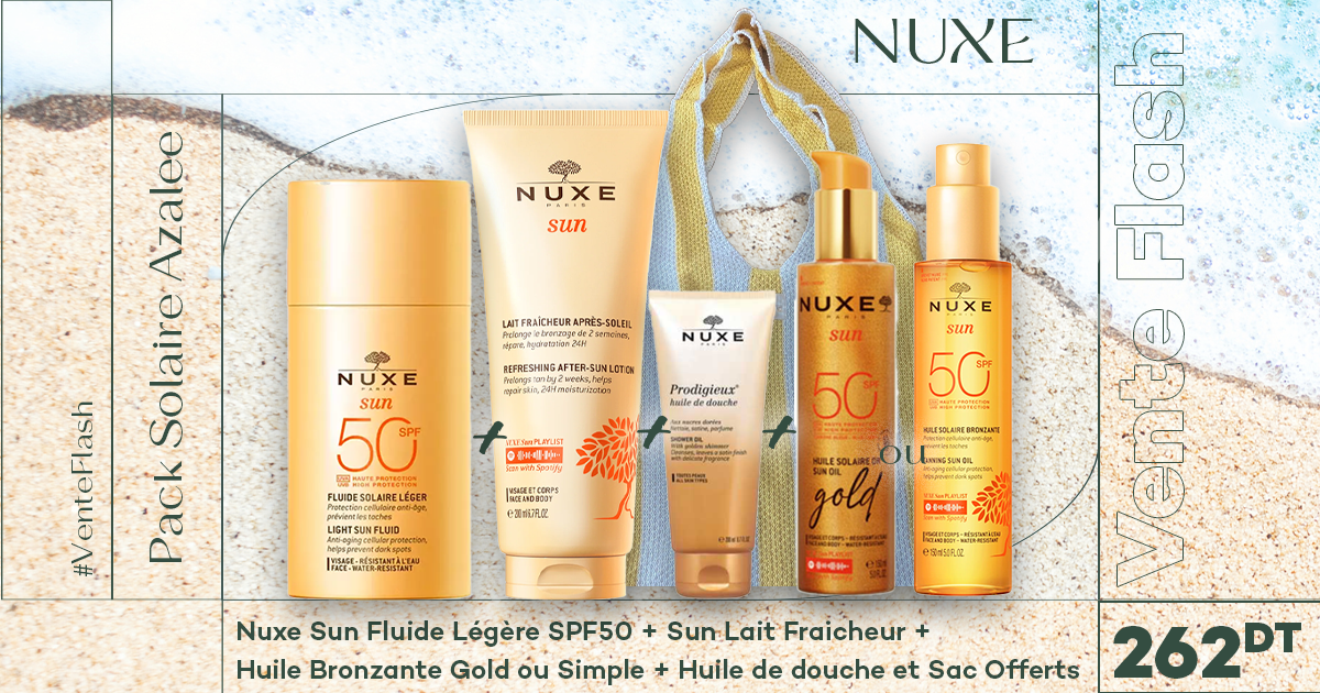 nuxe sun fluid solaire légere  (spf50+ ) + Nuxe sun huile solaire (spf 50+) 150ml gold ou simple+ nuxe sun lait fraicheur aprés-soleil 200ml + Sac de plage Gratuit + Nuxe Prodigieux huile de douche 30ml gratuit