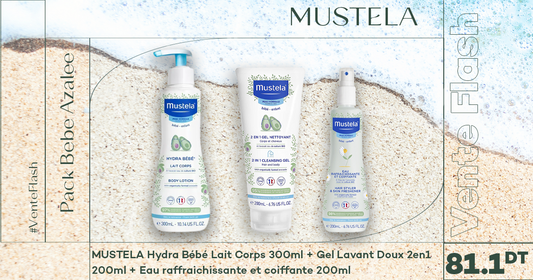 mustela hydra bébé  lait corps 300ml+mustela gel lavant doux 2en1 200ml + Mustela eau raffraichissante et coiffante 200ml