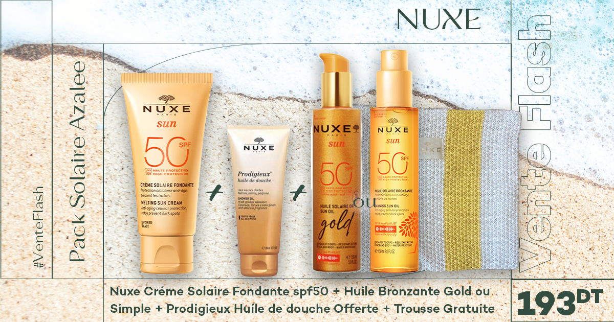 Nuxe sun créme solaire fondante spf50+ + Nuxe sun Huile solaire Bronzante( spf 50+)150ml gold ou simple + Trousse Gratuit + Nuxe Prodigieux Huile de douche 30ml Gratuit